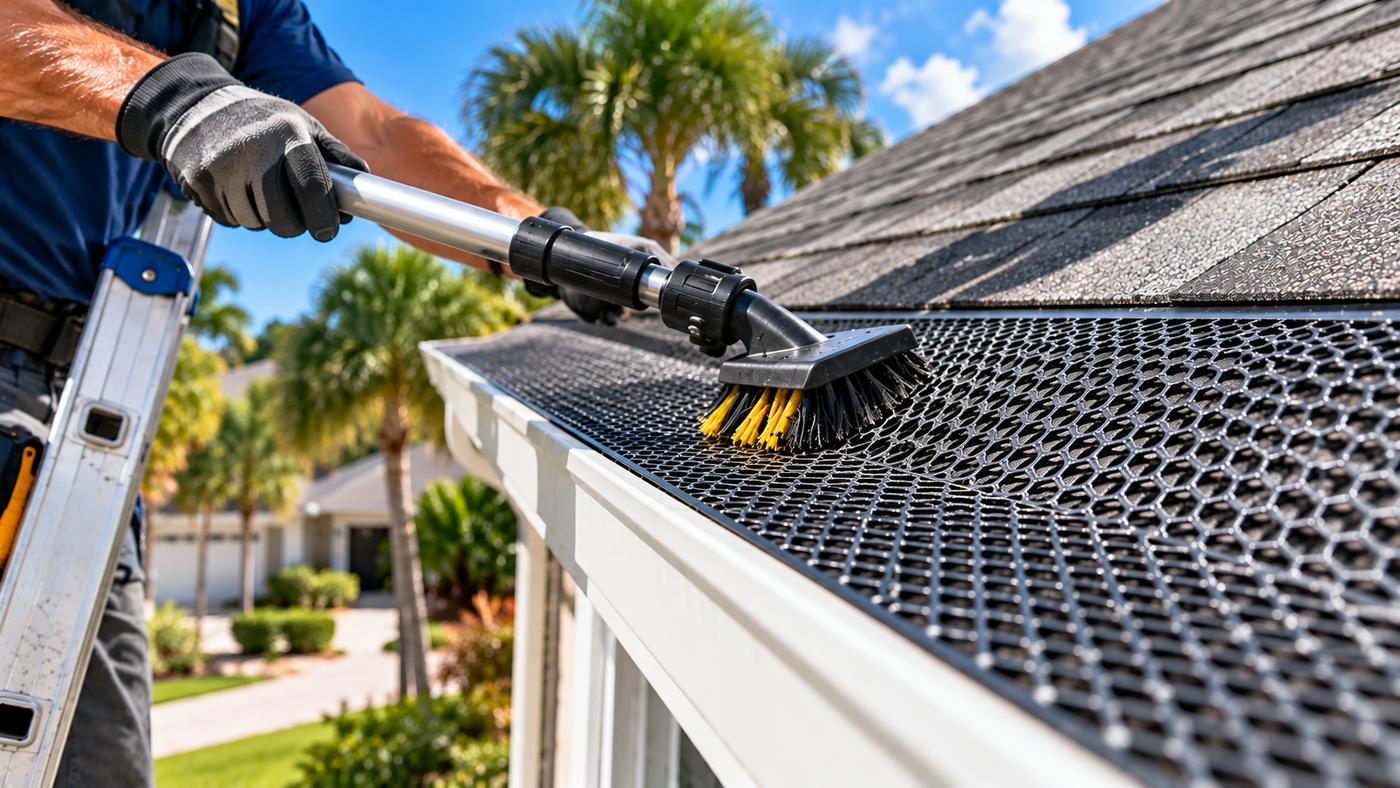 Fast Pro technician cleaning a gutter guard on a Weston home